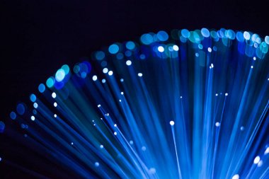 Soyut küresel arka plan, optik fiber mavi parlak nokta ve çizgiler