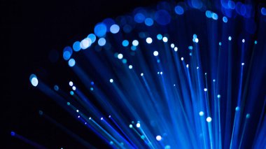 Soyut küresel arka plan, optik fiber mavi parlak nokta ve çizgiler