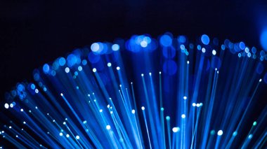 Soyut küresel arka plan, optik fiber mavi parlak nokta ve çizgiler