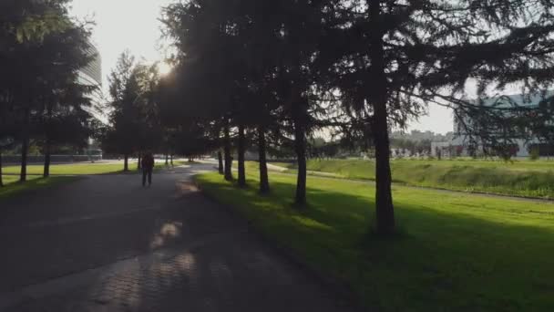 Στο σοκάκι στο πάρκο της πόλης. Το ηλιοβασίλεμα και ένας άντρας που περπατάει στο δρόμο μπροστά. — Αρχείο Βίντεο