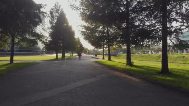 Callejón en el parque de la ciudad. Puesta del sol y un hombre caminando en el camino por delante . — Vídeos de Stock