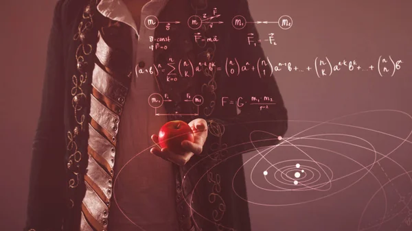 Histoire de la science, concept. Isaac Newton avec Apple à la main — Photo