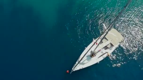 Парусная регата, прогулка на лодке, вид сверху. Белая яхта в голубом море — стоковое видео