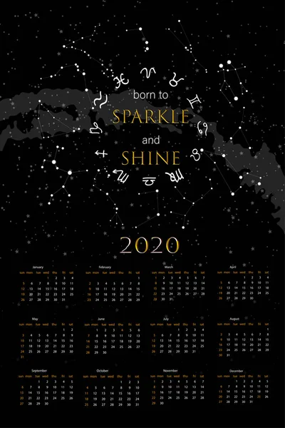 Imprimir para calendario mural 2020 El hemisferio norte es el cielo estrellado y el zodíaco — Vector de stock