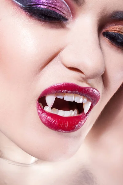 Sexy vampire. Women's lips with red lipstick. — Stock Photo, Image