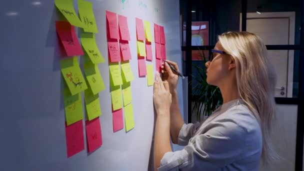Projektledning agil metod, koncept. En ung blond kvinna i glasögon — Stockvideo