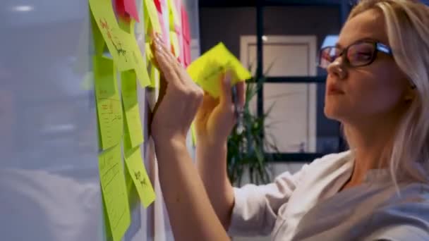 Projektmenedzsment agilis módszertan, koncepció. Egy fiatal szőke nő szemüvegben. — Stock videók