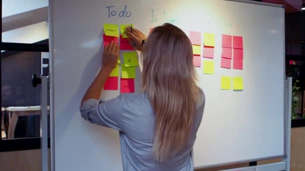 Řízení projektu agilní metodika, koncepce. Mladá blondýna v brýlích — Stock video