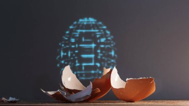 Yumurta kabuğu parçaları ve yapay bir yumurtanın hologramı.,