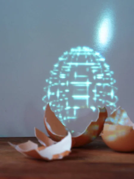 Fragments of eggshells and a hologram of an entire artificial egg. Life extension and rejuvenation — Stock Photo, Image