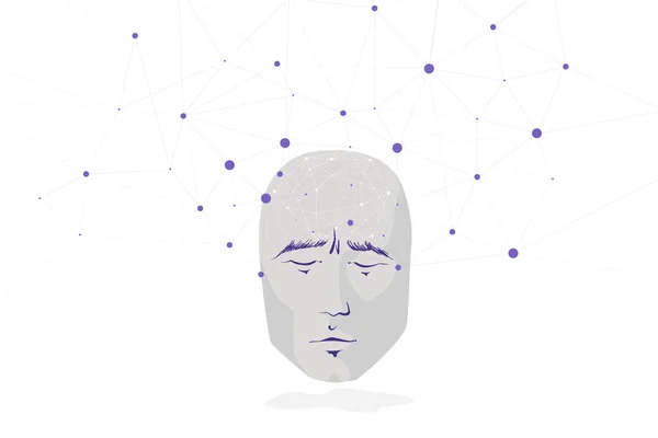 Un visage humain et un vaste réseau de liens sociaux personnels. L'interface et le contrôle neuronaux, le concept. — Image vectorielle