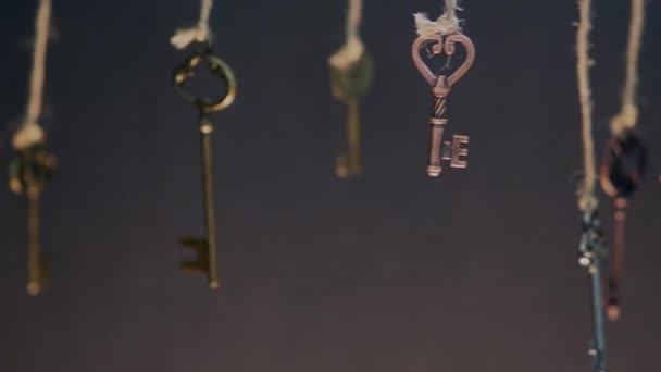 A lot of different old keys from different locks, hanging from the top on strings. — Stock Video