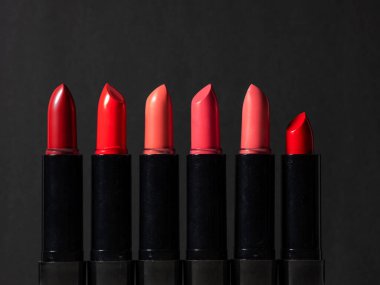 Altı farklı renkte ruj ya da dudak parlatıcısı seti. makyaj sanatçısı seti,