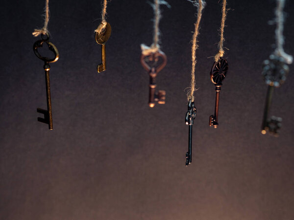 A lot of different old keys from different locks, hanging from the top on strings.