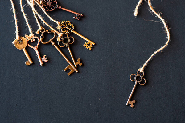 A bunch of different old keys from different locks. Finding the right key, encryption, concept.