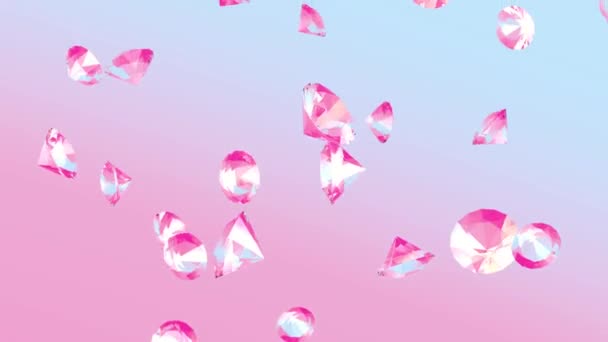 Падающие бриллианты на светло-розовом фоне, роскошный 3D рендер — стоковое видео