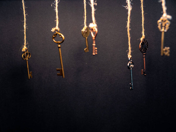 A lot of different old keys from different locks, hanging from the top on strings.