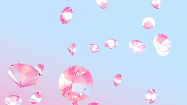 Падающие бриллианты на светло-розовом фоне, роскошный 3D рендер — стоковое фото