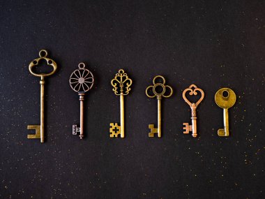 Farklı kilitlerden çok farklı eski anahtarlar, sıra halinde, düz yatıyordu..