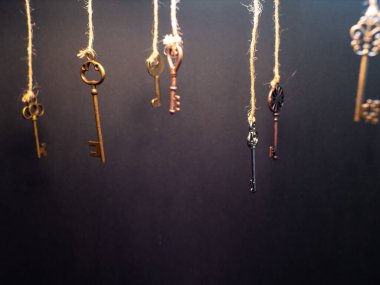 Farklı kilitlerden bir sürü eski anahtar, tellerin üstünde asılı..