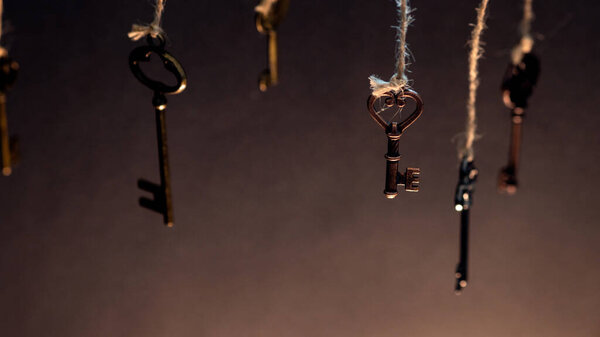 A lot of different old keys from different locks, hanging from the top on strings.