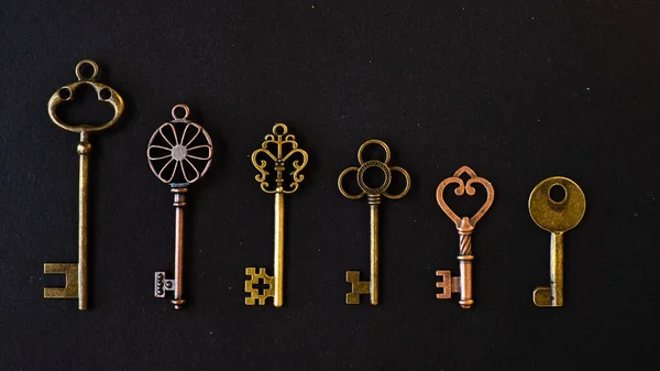 Many different old keys from different locks, in order in a line, flat lay.
