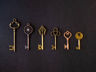 Farklı kilitlerden çok farklı eski anahtarlar, sıra halinde, düz yatıyordu..