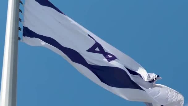 Israelisk flagga fladdrar i vinden. Nationell flagga mot en blå himmel, — Stockvideo