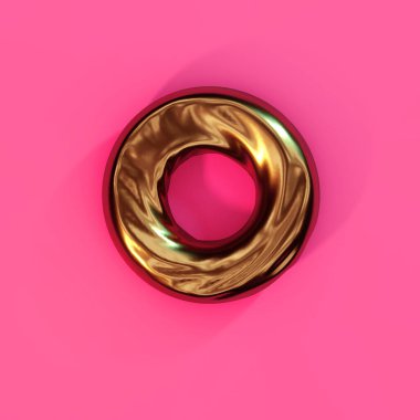 Üç boyutlu soyutlama, dijital arkaplan. Yüzeyinde kırışıklıklar olan altın toroid,