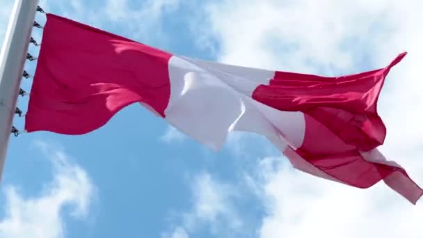 Flaga Peru trzepocze na wietrze. Flaga narodowa przeciwko błękitnemu niebu, — Wideo stockowe