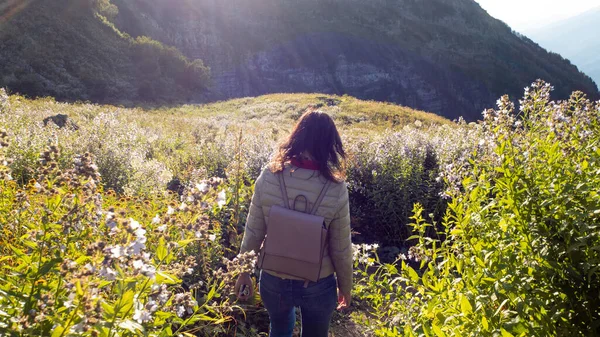 Feliz joven en las montañas. Turista en una mochila en las montañas caminando en los prados alpinos. — Foto de Stock