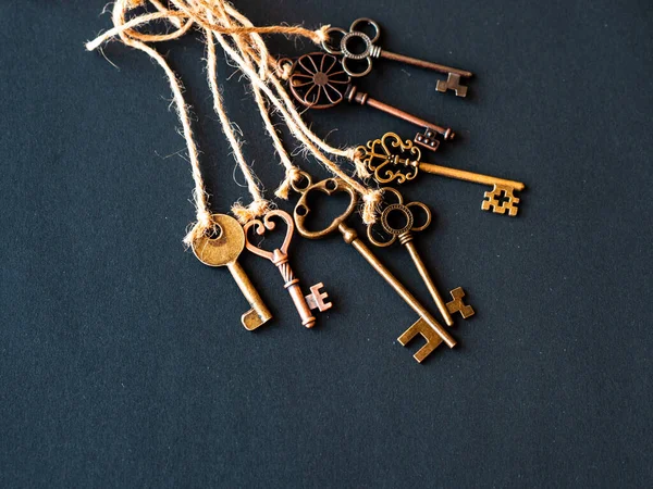 A bunch of different old keys from different locks. Finding the right key, encryption, concept. — Stock Photo, Image