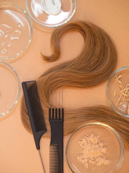 Cosméticos ecológicos y modernos para el cuidado del cabello, un conjunto de ingredientes y botellas sobre un fondo marrón. —  Fotos de Stock