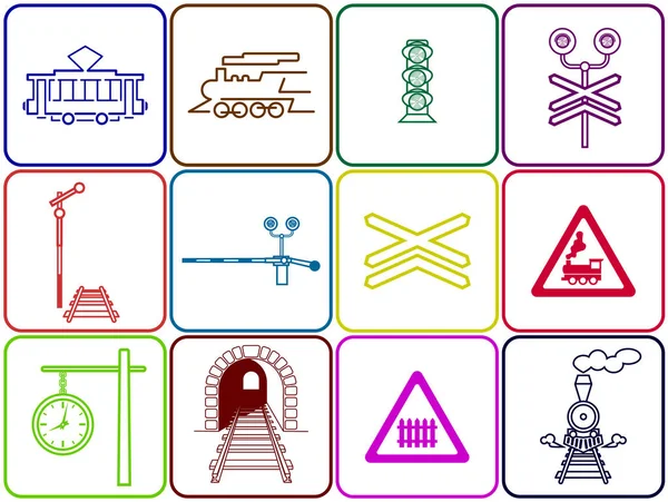 Conjunto Iconos Cuadrados Ferrocarril Colores — Vector de stock