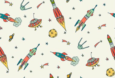 Seamless modeli alanı, roketler, uzay gemileri, uçan daire, kuyruklu yıldız, asteroit ve yıldız. Çocukça arka plan. Elle çizilmiş vektör çizim doodles.