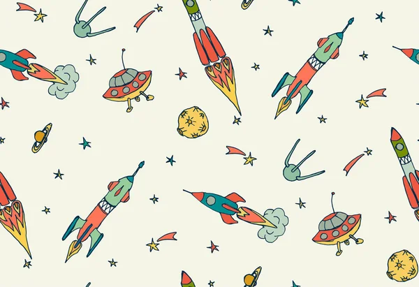 Seamless modeli alanı, roketler, uzay gemileri, uçan daire, kuyruklu yıldız, asteroit ve yıldız. Çocukça arka plan. Elle çizilmiş vektör çizim doodles.