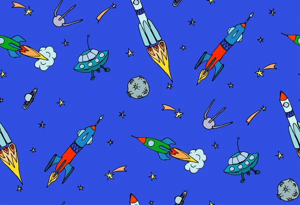 Seamless modeli alanı, roketler, uzay gemileri, uçan daire, kuyruklu yıldız, asteroit ve yıldız. Çocukça arka plan. Elle çizilmiş vektör çizim doodles.