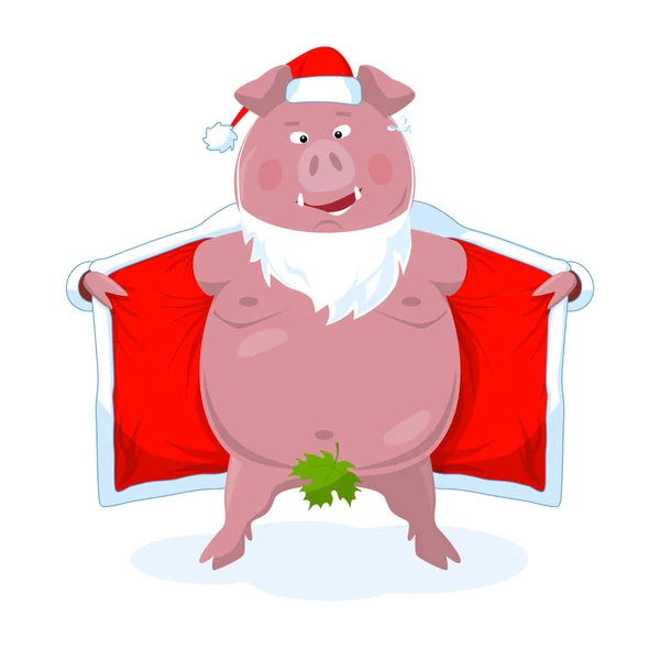 Funny Naked Boar Santa Costume New Year Vector Illustration Flat — Stock Vector