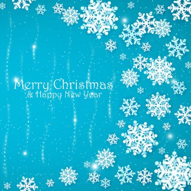 Kar taneleri mavi arka plan kış. Mutlu Noeller ve mutlu yeni yıl. Daveti veya tebrik kartı. Vektör tatil şablonu.