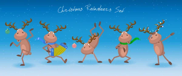 Cute, komik Noel reindeers, karikatür vektör çizim. Reindeers dekorasyon öğeleri, harmonik, garland, eşarp ile dans.