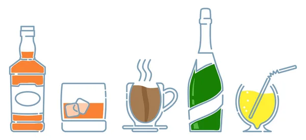 Barevné ikony nápoje podle stylu čáry — Stockový vektor