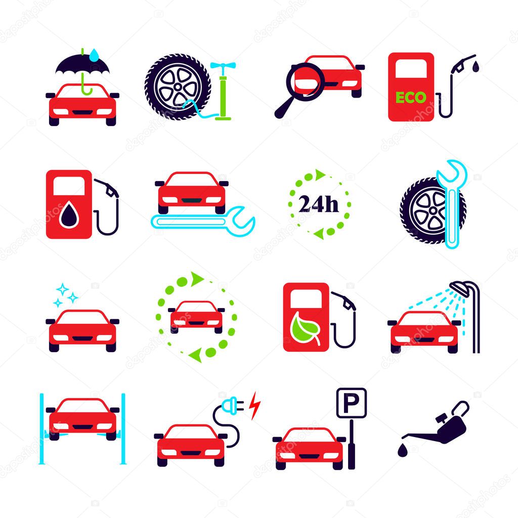 Car service station. Set of 16 color vector icons.