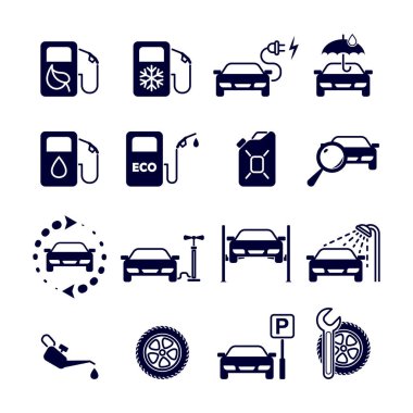 Şarj, oto yıkama, hizmet, yanları açık garaj, Otopark, lastik enflasyon, araba Asansör, teşhis, araba yenileme sitesi - benzin istasyonu, eko benzinli, kış benzin, petrol, lastik uydurma, siyah ve beyaz düz izole vektör simgeler.