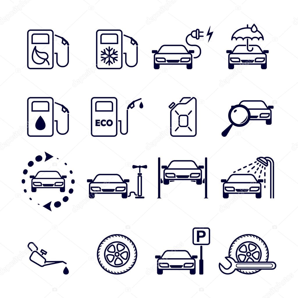 Black and white flat isolated vector icons set for site - gas station, eco petrol, winter gasoline, oil, tire fitting, charging, car wash, service, carport, parking, tire inflation, car lift, diagnostics, car refresh.