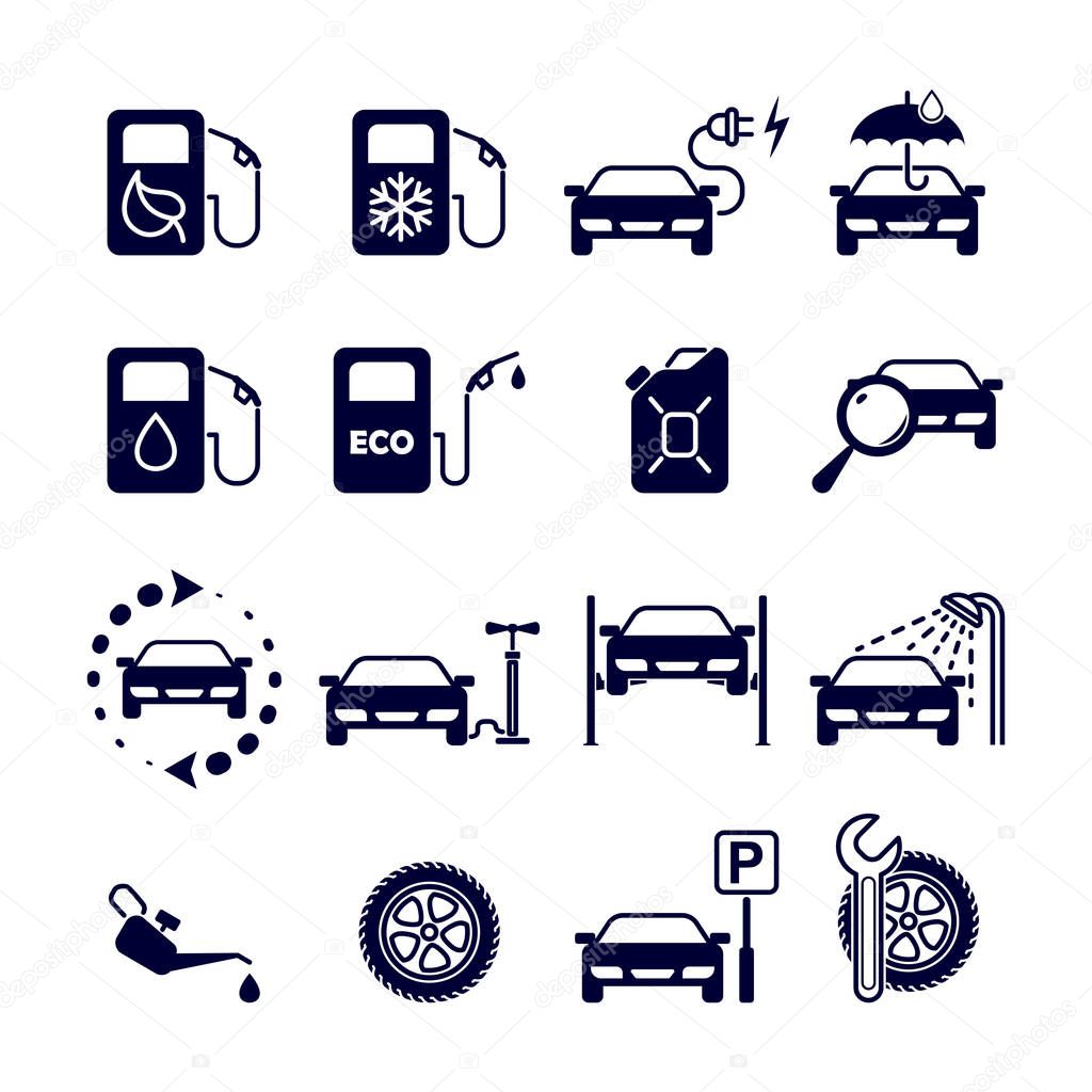 Black and white flat isolated vector icons set for site - gas station, eco petrol, winter gasoline, oil, tire fitting, charging, car wash, service, carport, parking, tire inflation, car lift, diagnostics, car refresh.