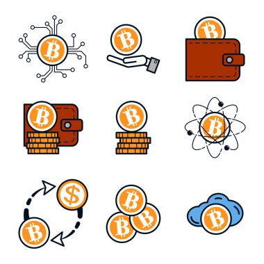 Bitcoin. 9 renk vektör simgeler için site ayarla.
