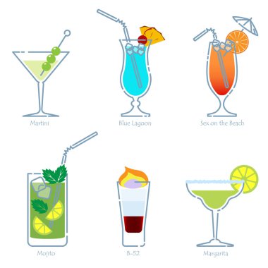 Tatil kulüp parti yaz kokteylleri. Vektör.
