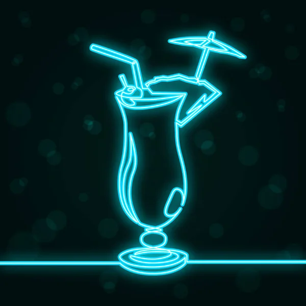 Cocktail Pina Colada. Zyanisches Neon. Kontinuierliche Linienziehung. — Stockvektor