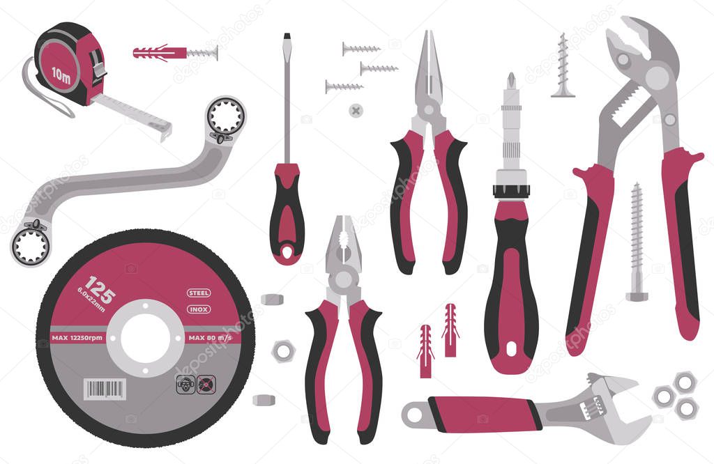 Set of tools for construction and repair in flat style. Vector