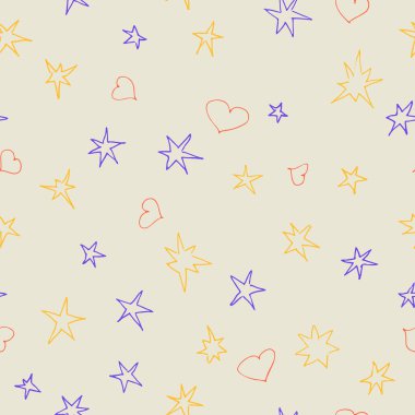 Renkli yıldızlar ve kalplerle kusursuz bir desen. El çizimi arka plan örtüşmesi. Dekoratif vektör çizimi tasarımı.